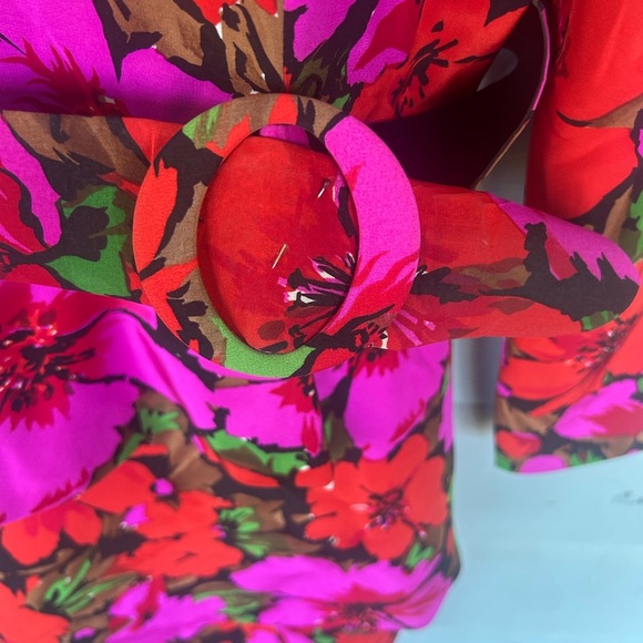 Scaasi Vintage Pink Floral Long Sleeve Layered 100% Silk Mini Dress Size 12 Belt - Picture 5 of 8